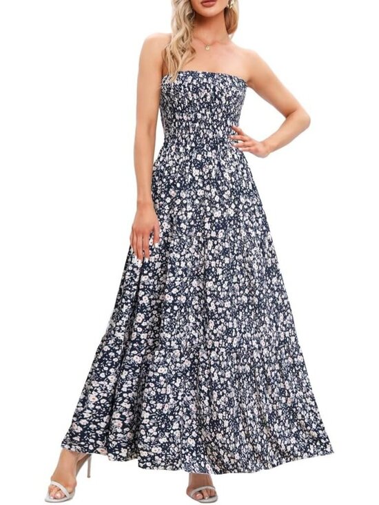Dresses & Skirts - Women's Black Flower Casual Off Shoulder Strapless Tube Top Beach Maxi Dress